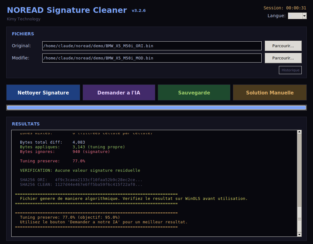 Interface NOREAD Cleaner v3.2.6 affichant le rapport de traitement d'un fichier BMW X5 M50i